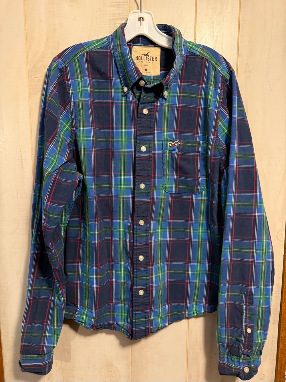 Hollister Navy Blue & Green Plaid Button-Down Shirt